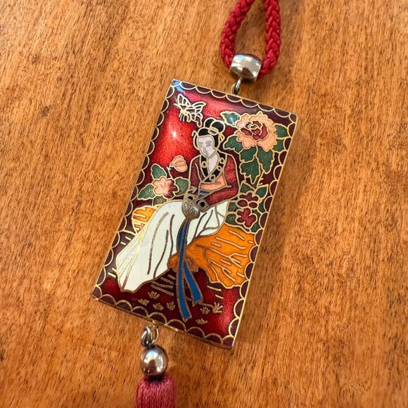 Asian Enamel Pendant on Red Rope Cord w. Tassel Long Necklace - Picture 3 of 9